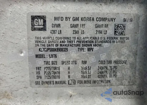 2019 Chevrolet Trax 1Lt from USA, damaged, VIN KL7CJPSB8KB908329